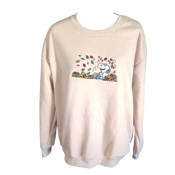 Snoopy Crewneck Beige Fall Leaves Graphic Embroidered Lined Sweatshirt - Picture 1 of 15